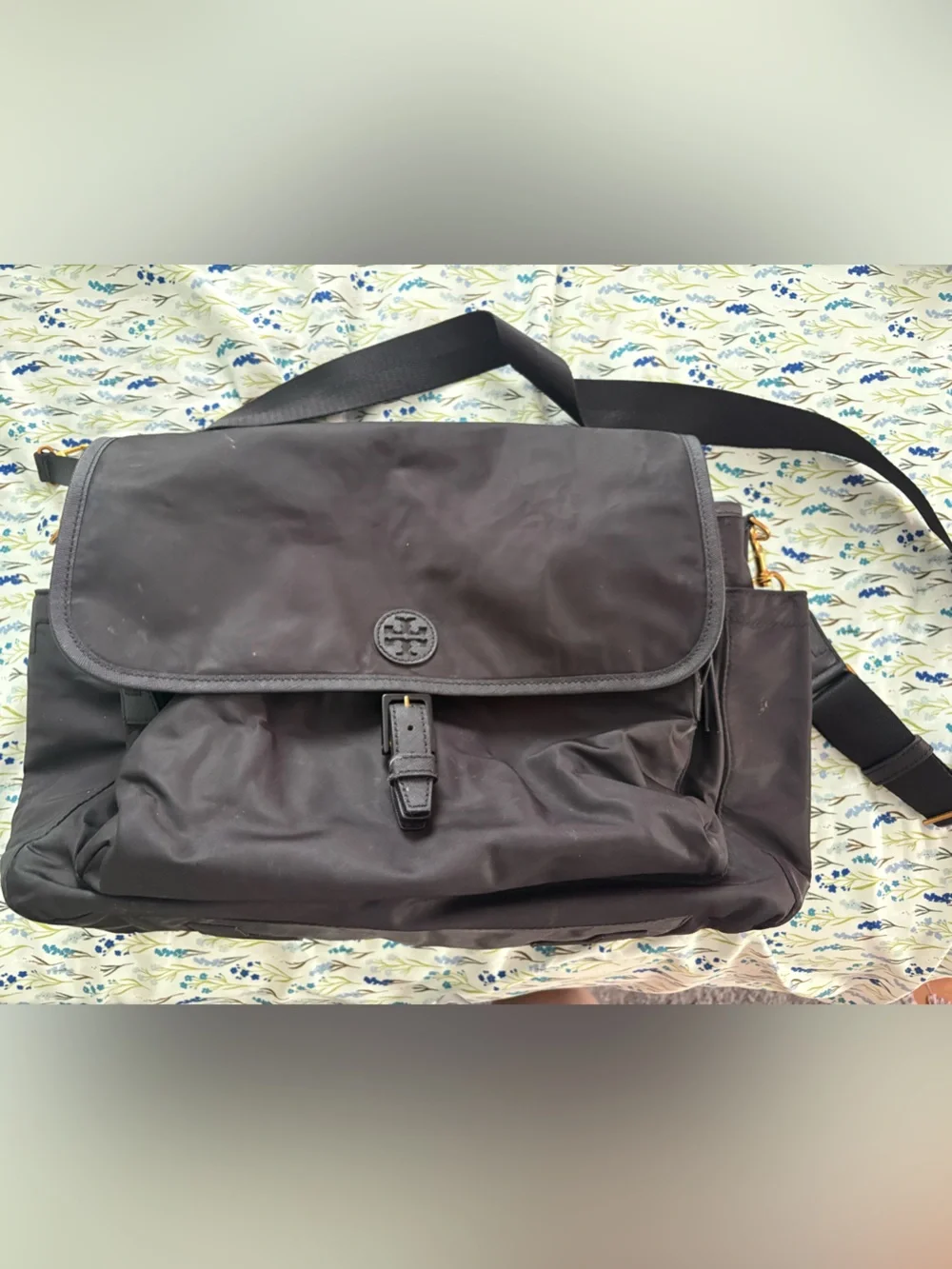 Tory Burch Black Nylon Crossbody Messenger Bag with Logo Flap